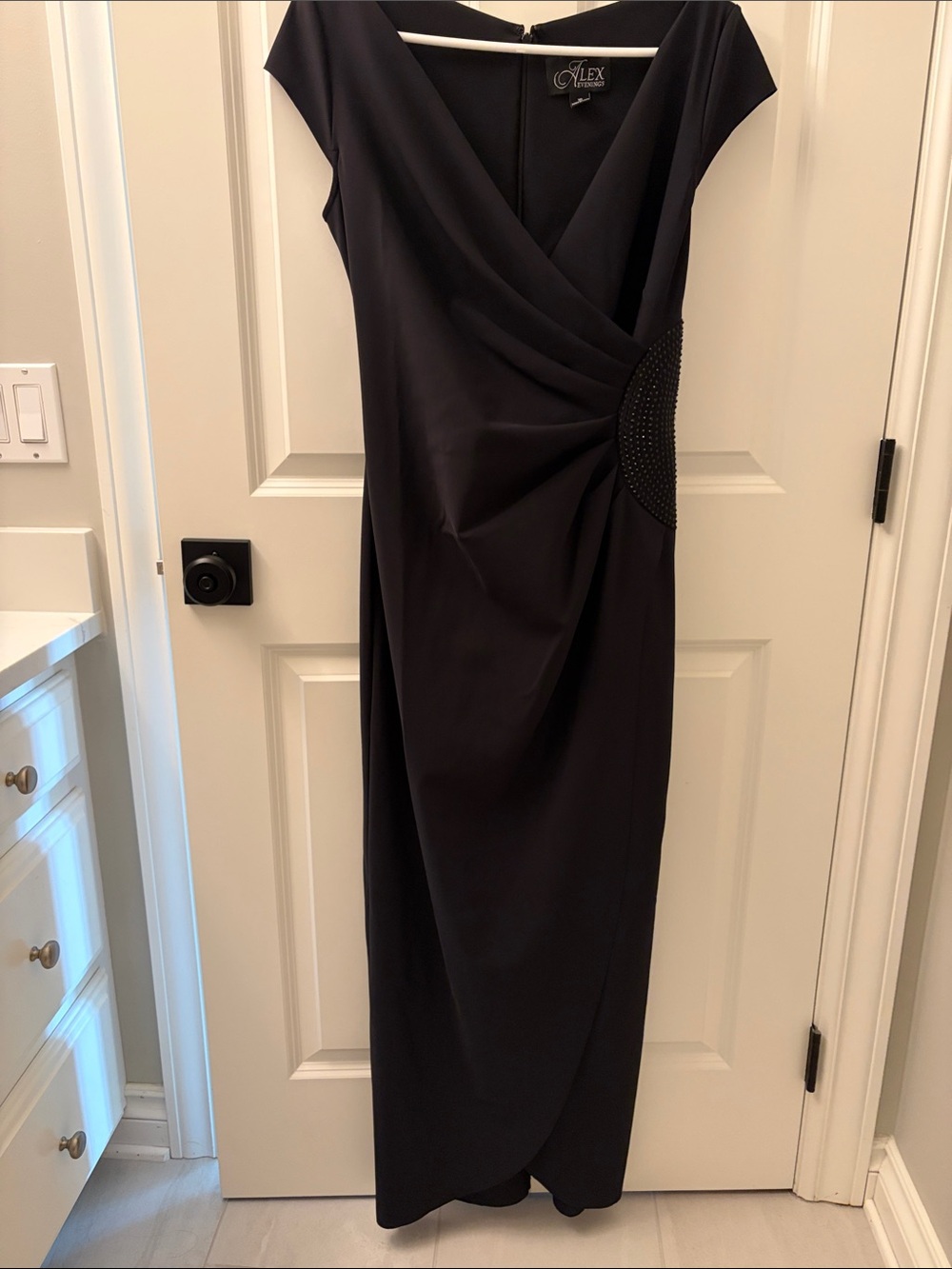 Alex Evenings Black Cap-Sleeve V-Neck Dress with Side Embellishment